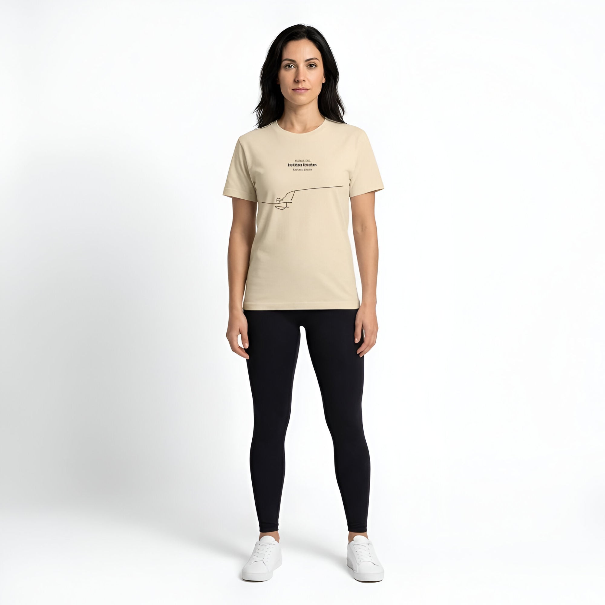 Woman wearing a beige t-shirt with custom Strava route print art and black leggings on a white background