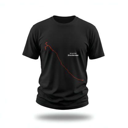 Black t-shirt with red and white custom Strava route print art design on a white background