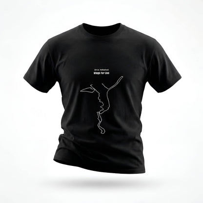 Black t-shirt with white custom Strava route print art design on a white background