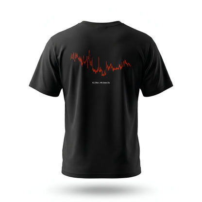 Black t-shirt with custom Strava route print art design on the back against a white background