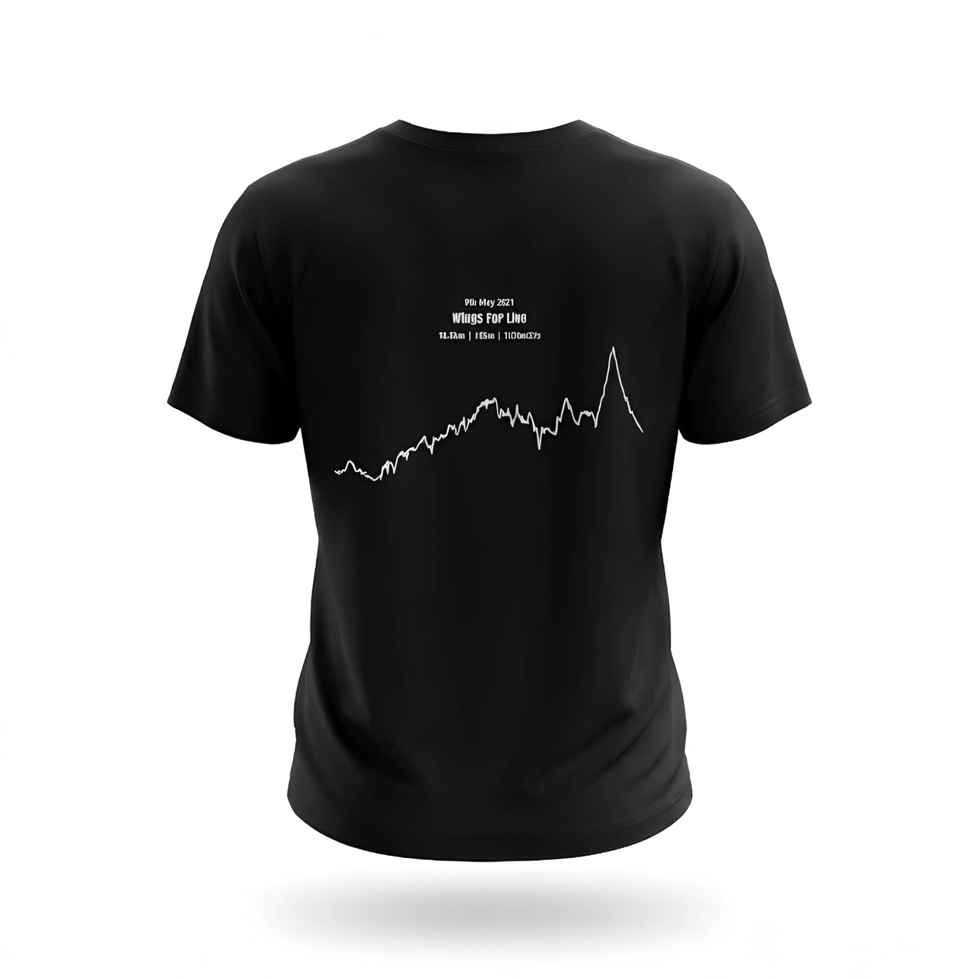 Black t-shirt with white custom Strava route print art design on a white background