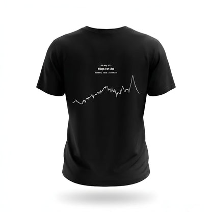 Black t-shirt with white custom Strava route print art design on a white background