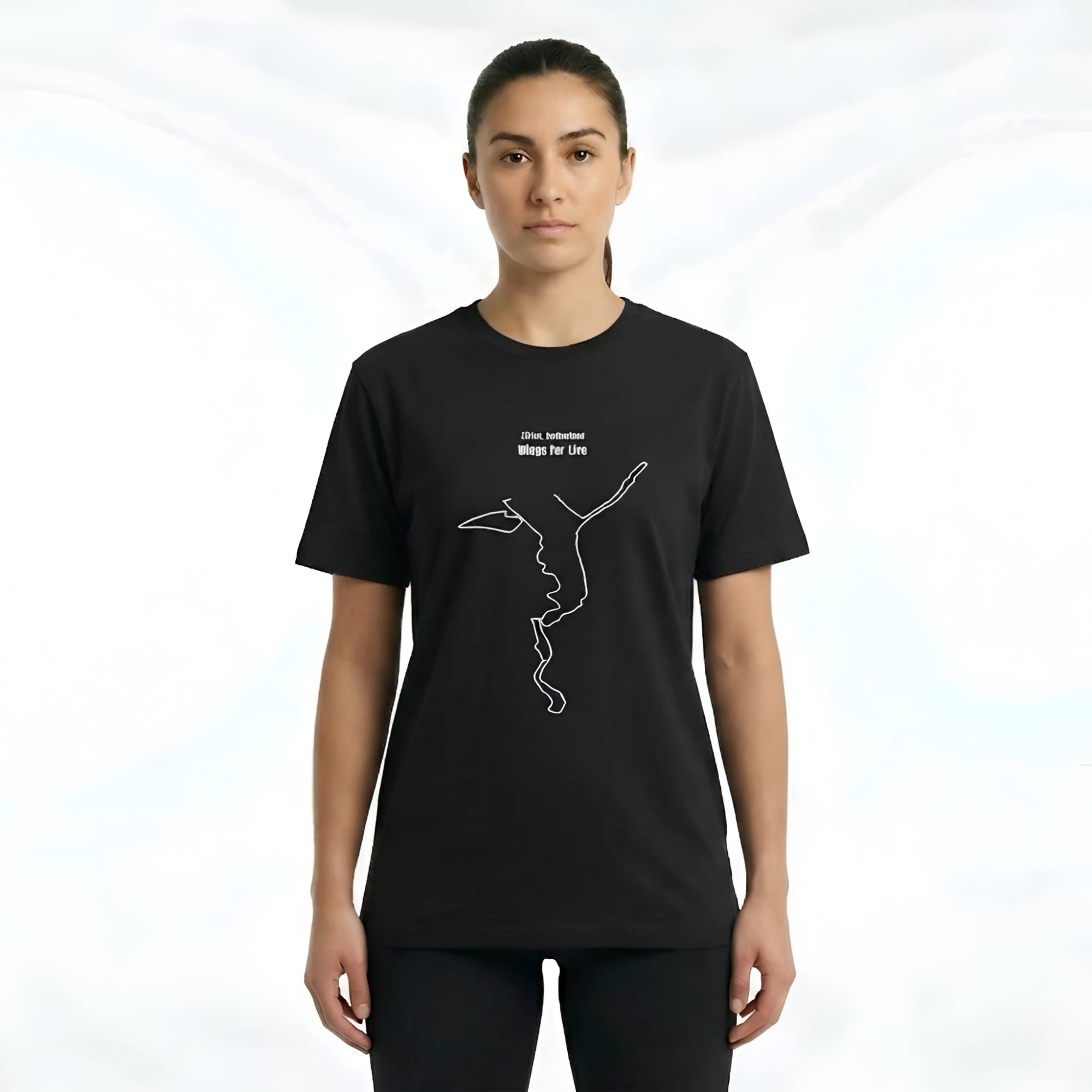 Person wearing a black t-shirt with a white custom Strava route print art design on a white background
