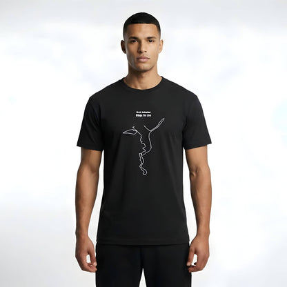 Man wearing a black t-shirt with a white custom Strava route print art design on a white background