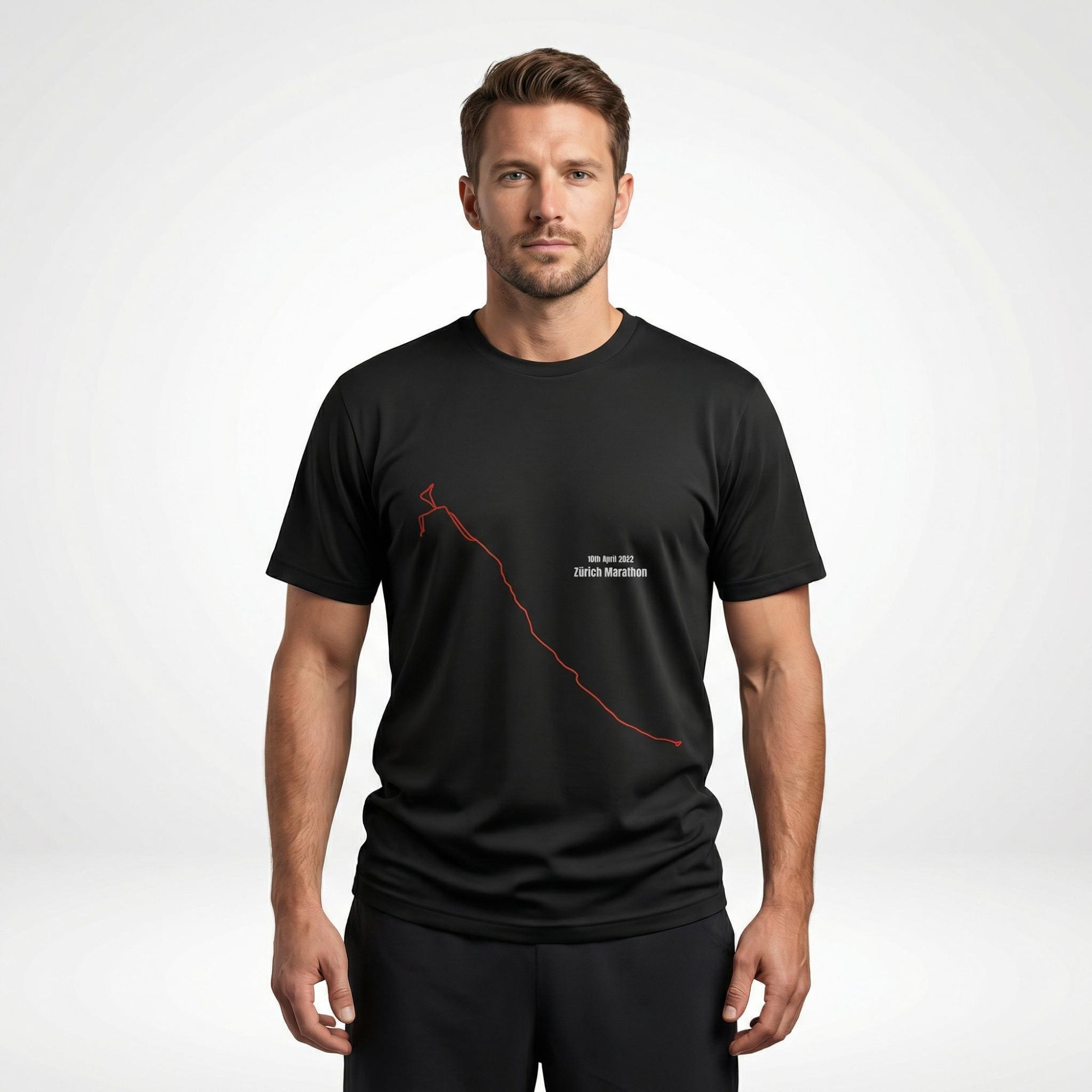 Man wearing a black t-shirt with a custom Strava route print art design on a white background