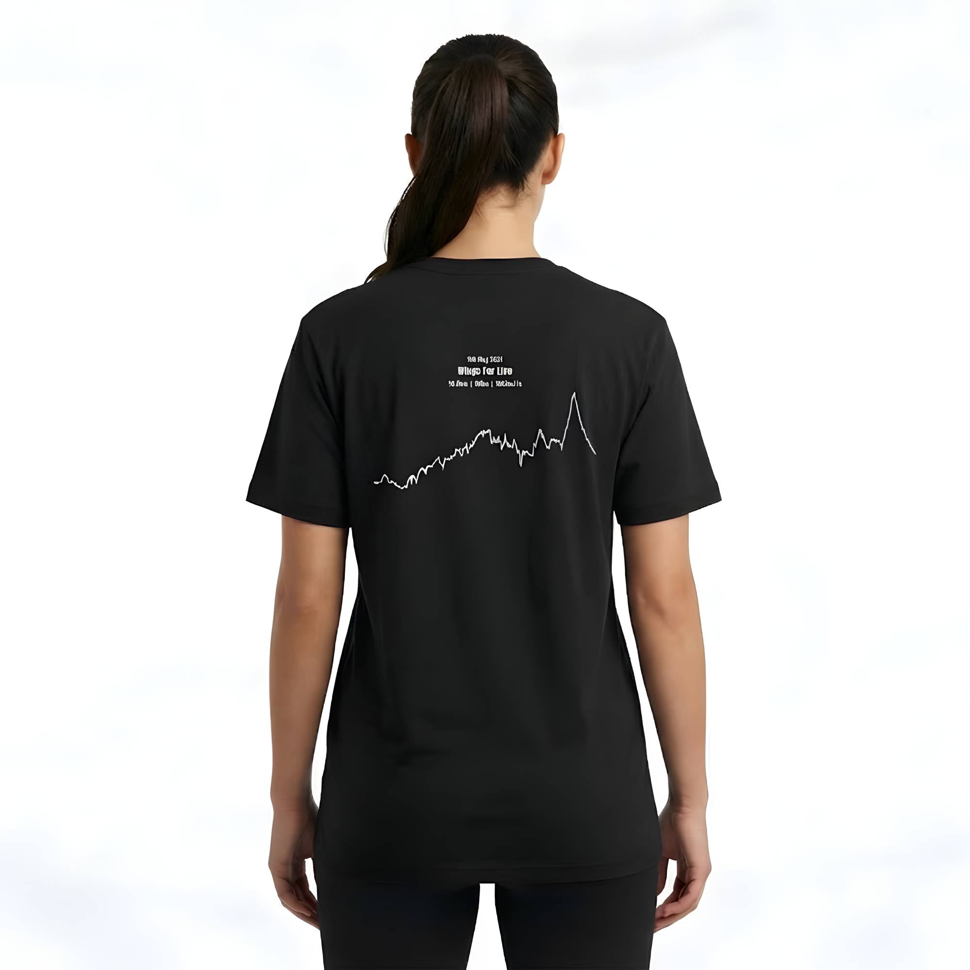 Person wearing a black t-shirt with a white custom Strava route print art on the back against a white background