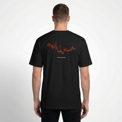 Black t-shirt with orange and white custom Strava route print art design on the back, worn by a person against a white background