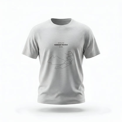Gray t-shirt with a custom Strava route print art design and text on a white background