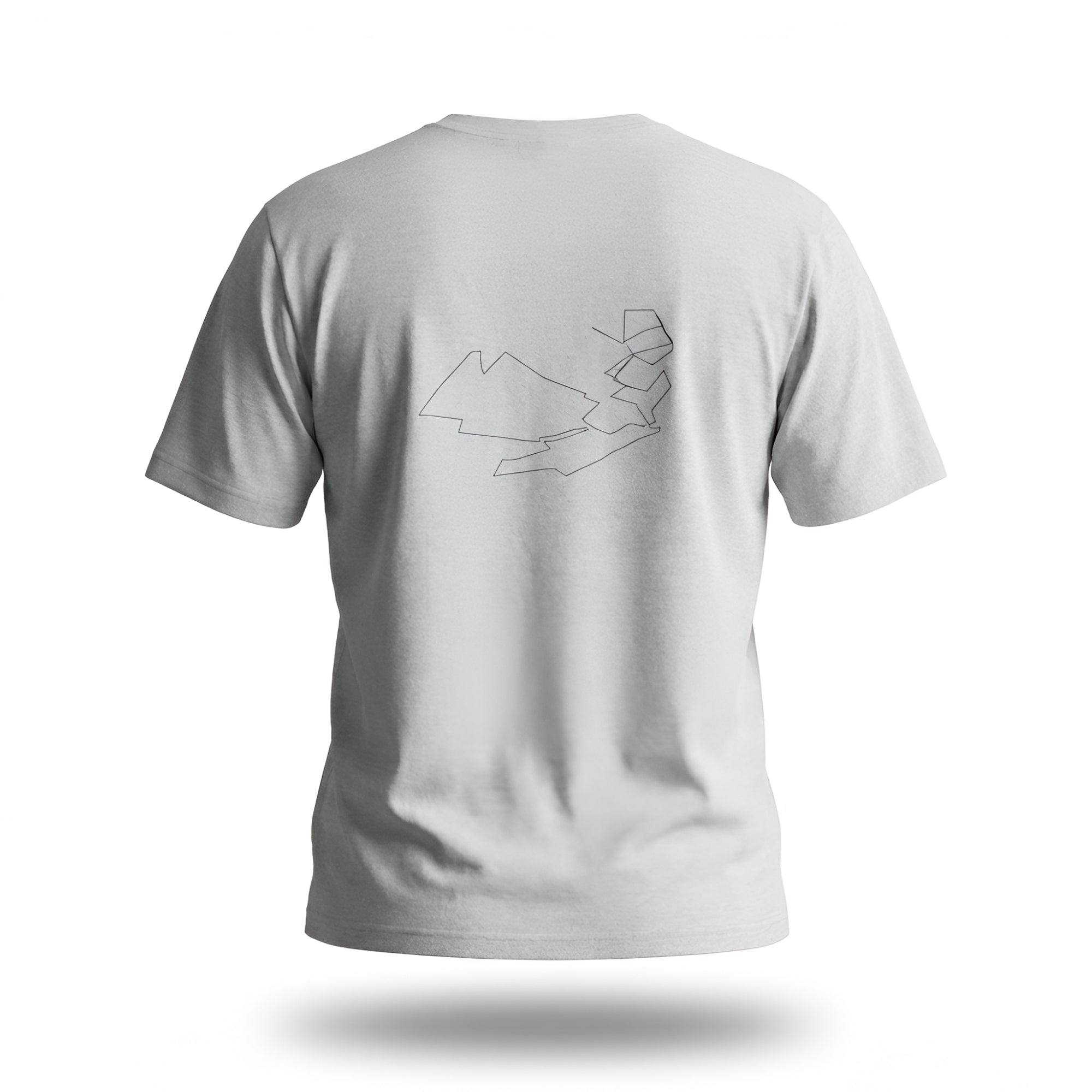 Grey t-shirt with custom Strava route print art design on the back against a white background