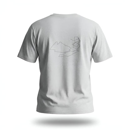 Grey t-shirt with custom Strava route print art design on the back against a white background