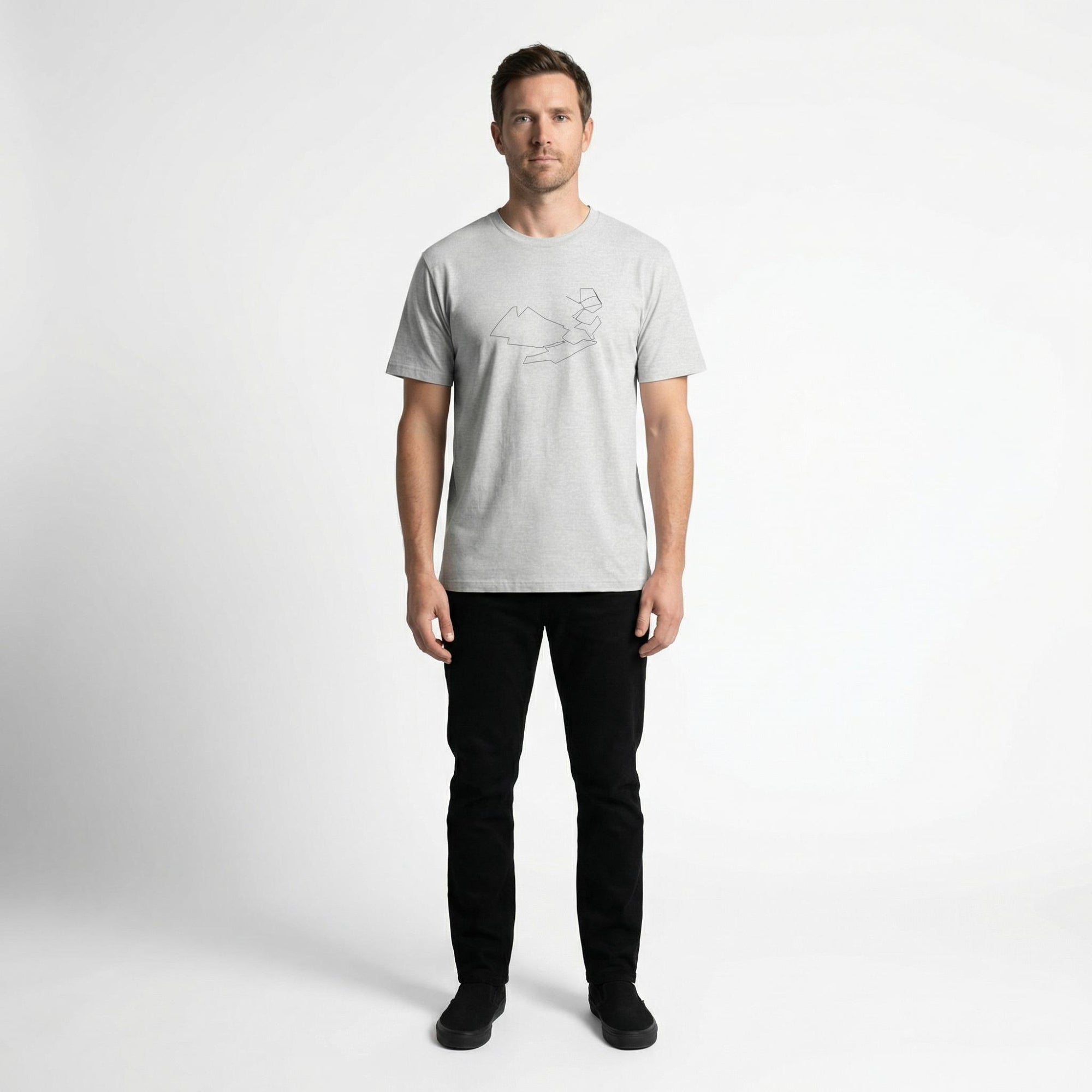 Man wearing a light gray t-shirt with a custom Strava route print art design on a white background