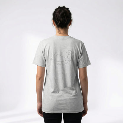 Grey t-shirt with black custom Strava route print art design on the back, worn by a person against a white background