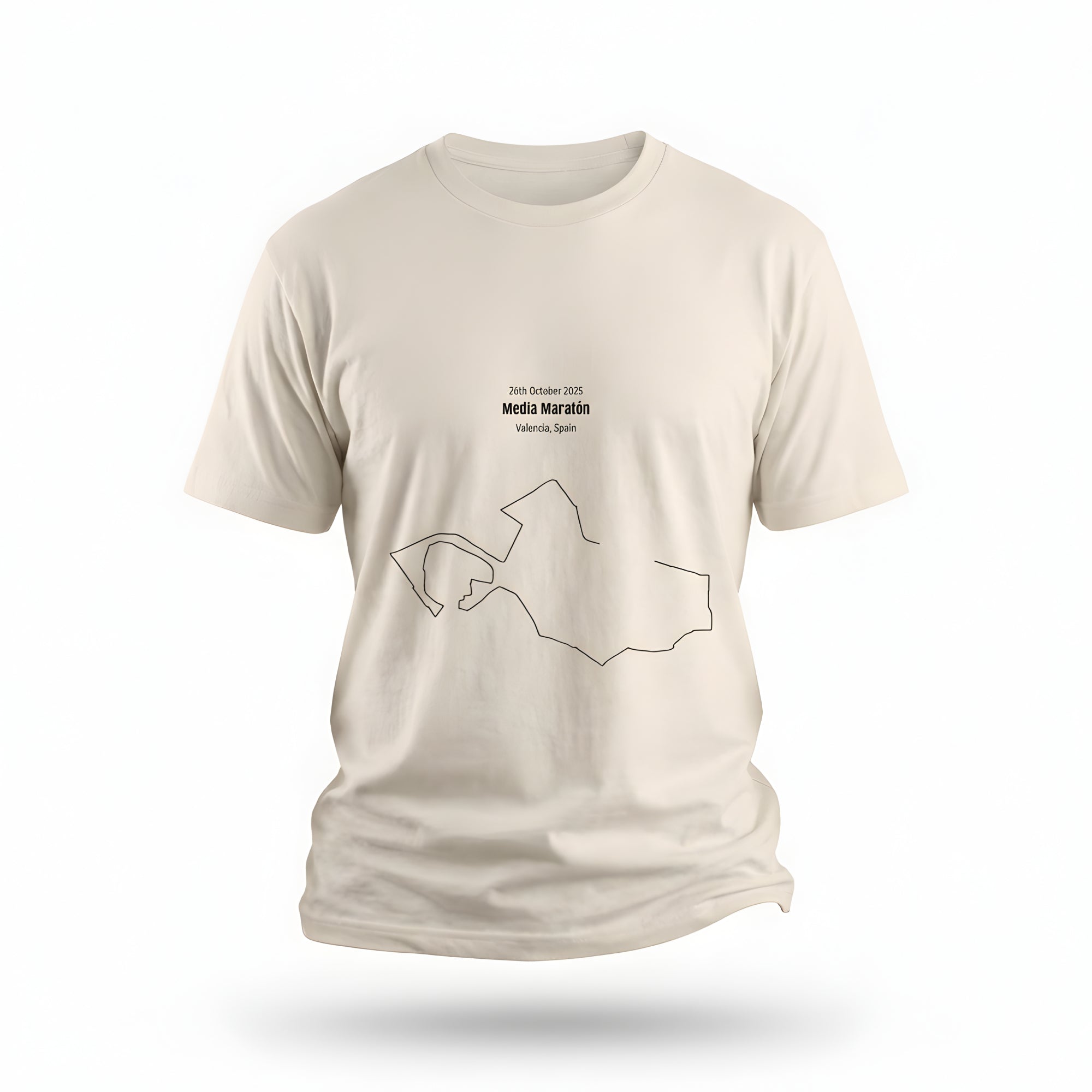 Beige t-shirt with a printed custom Strava route art design on a white background#color_light-beige