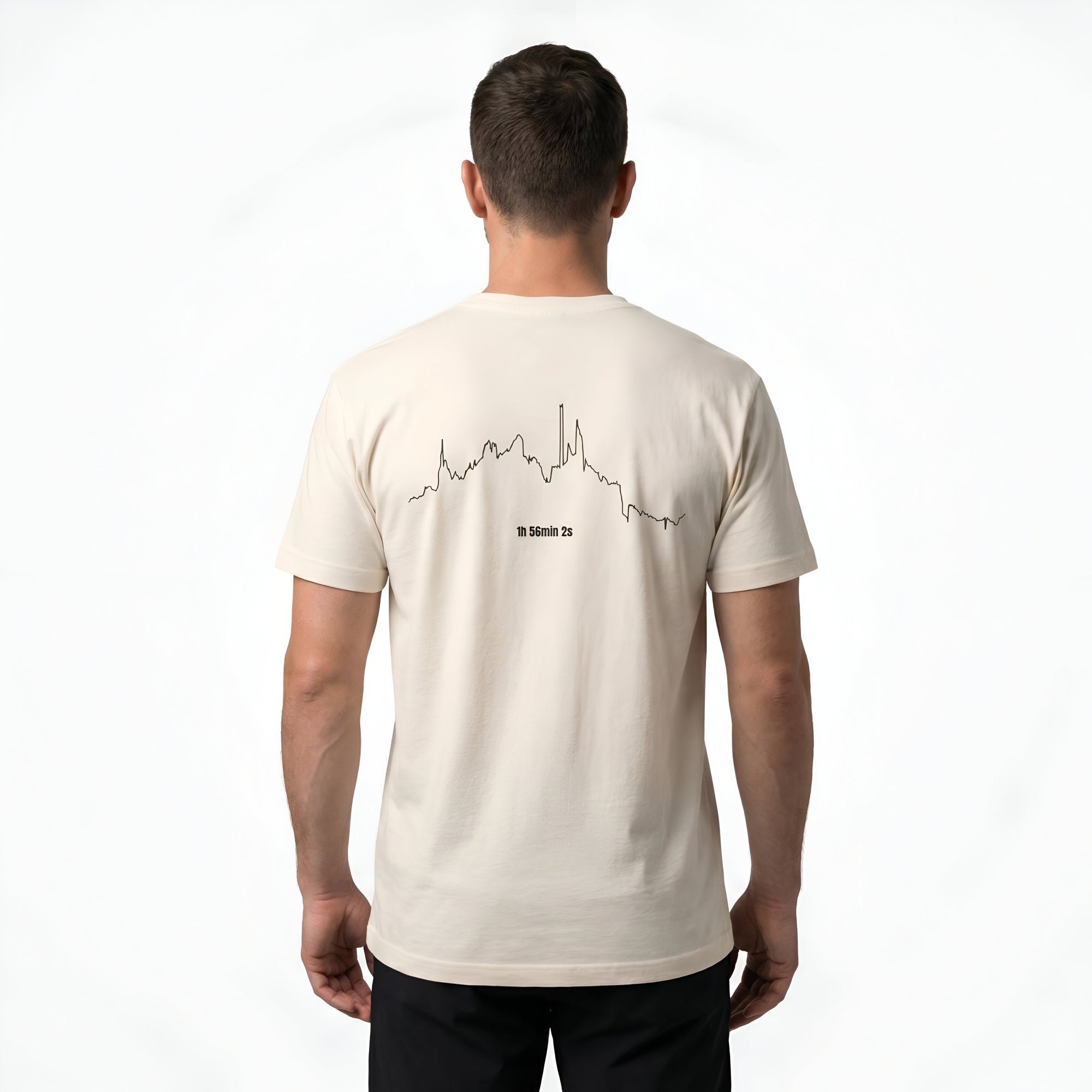 Man wearing a beige t-shirt with custom Strava route print art design on the back against a white background