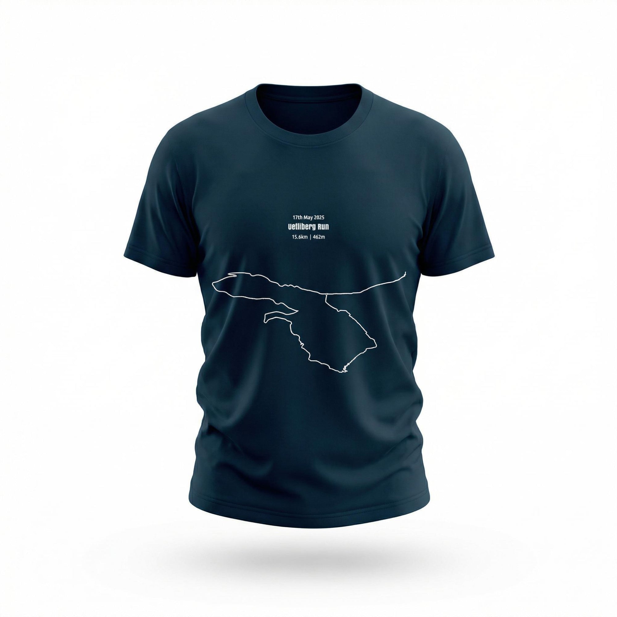 Navy blue t-shirt with a white custom Strava route print art design on a white background
