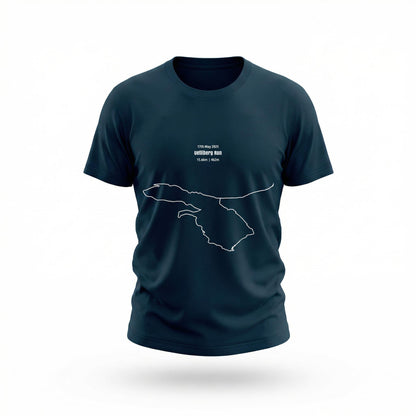 Navy blue t-shirt with a white custom Strava route print art design on a white background