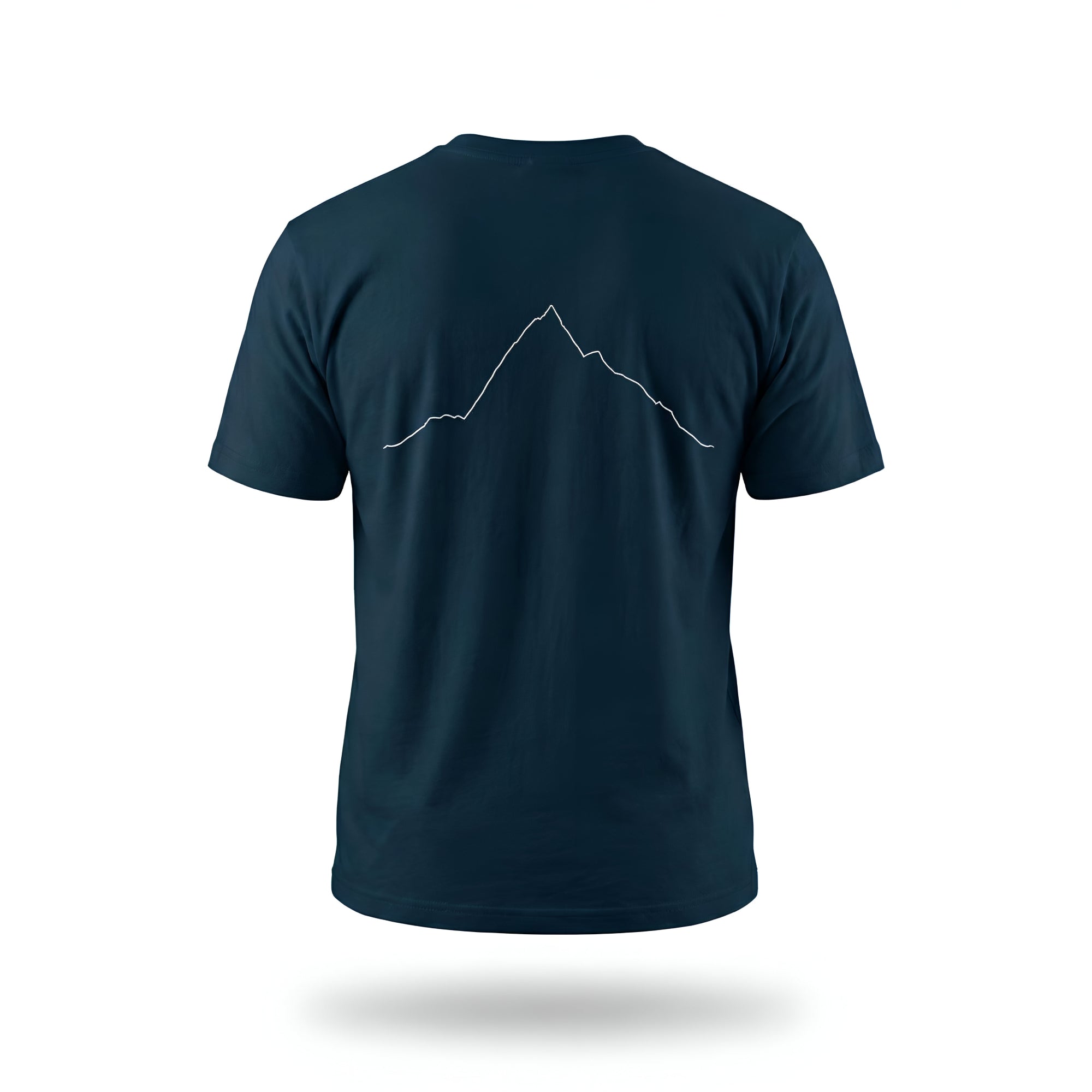 Navy t-shirt with custom Strava route print art design on the back against a white background