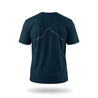 Navy t-shirt with custom Strava route print art design on the back against a white background