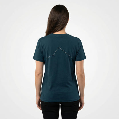Woman wearing a navy t-shirt with a custom Strava route print art design on the back against a white background