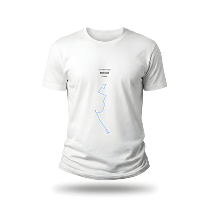 White t-shirt with a blue custom Strava route print art design on a white background
