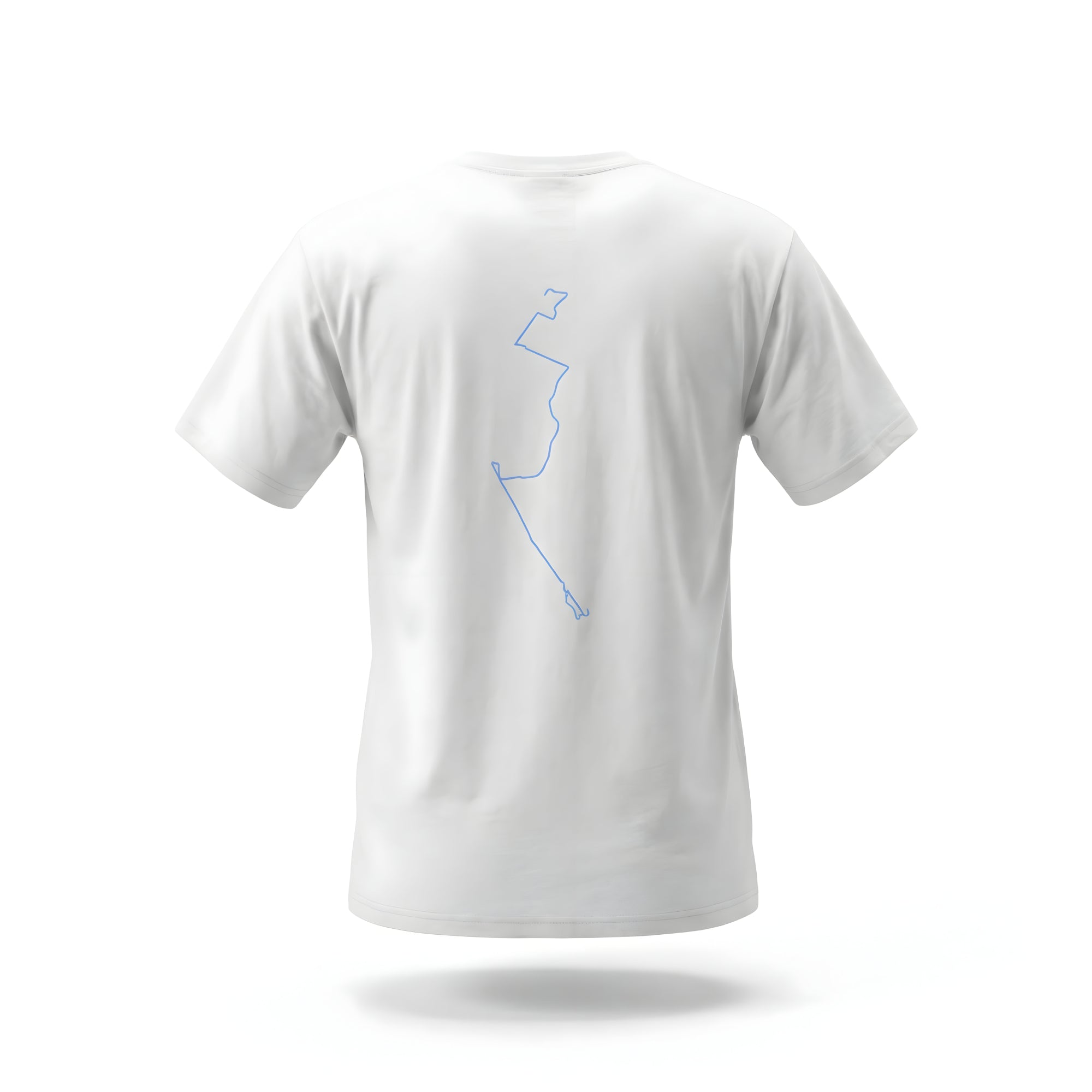 White t-shirt with custom Strava route print art design on the back against a white background