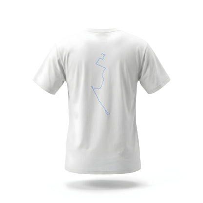 White t-shirt with custom Strava route print art design on the back against a white background