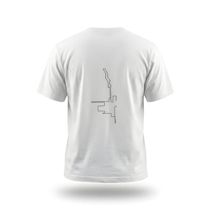 White t-shirt with a black custom Strava route print art design on the back against a white background