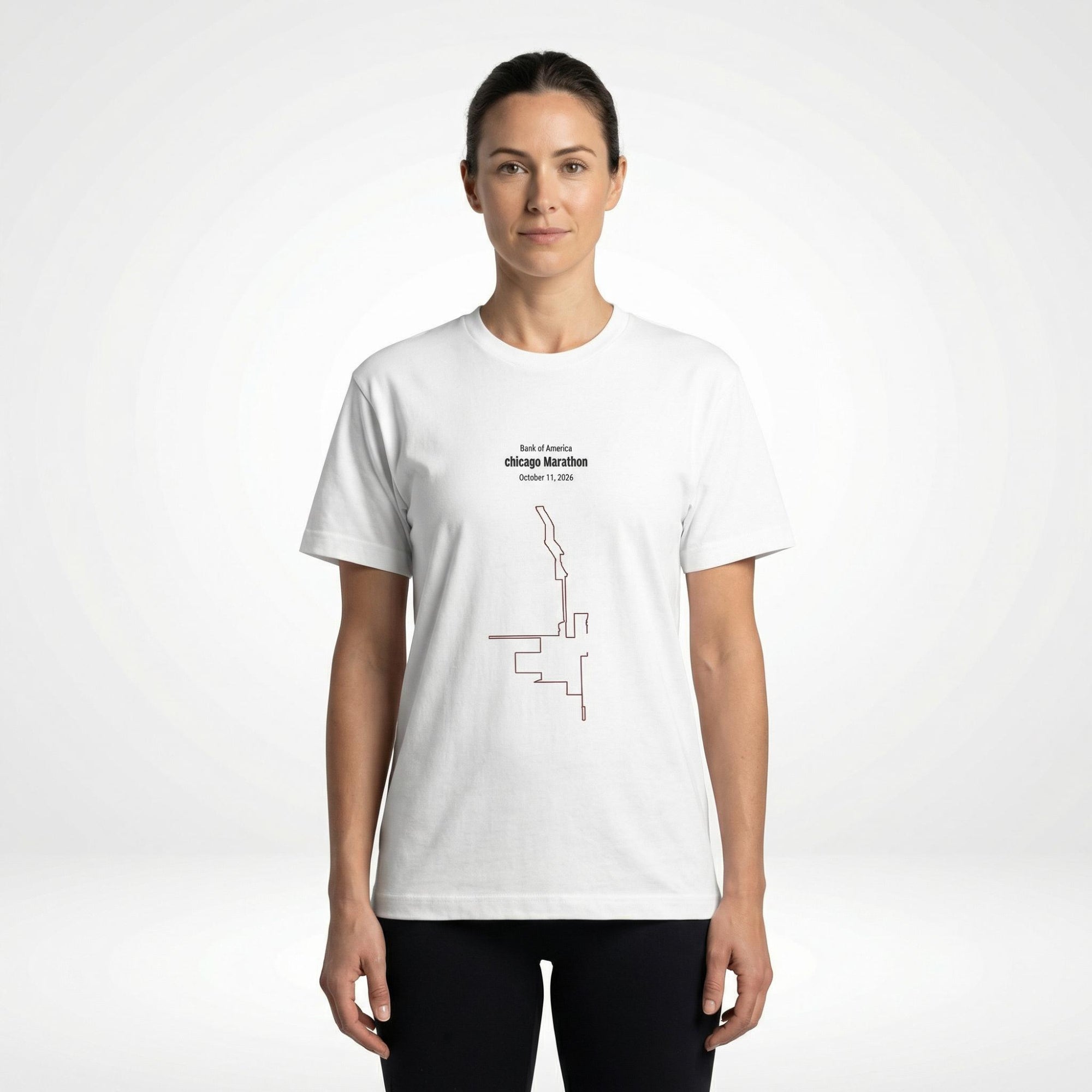 Person wearing a white t-shirt with a custom Strava route print art design on a white background