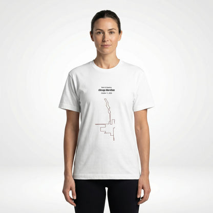 Person wearing a white t-shirt with a custom Strava route print art design on a white background