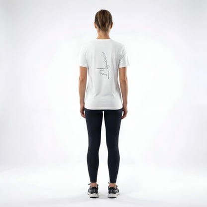 Person wearing a white t-shirt with a custom Strava route print art design on the back, standing against a white background