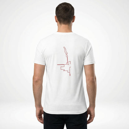 Person wearing a white t-shirt with a red custom Strava route print art design on the back against a white background