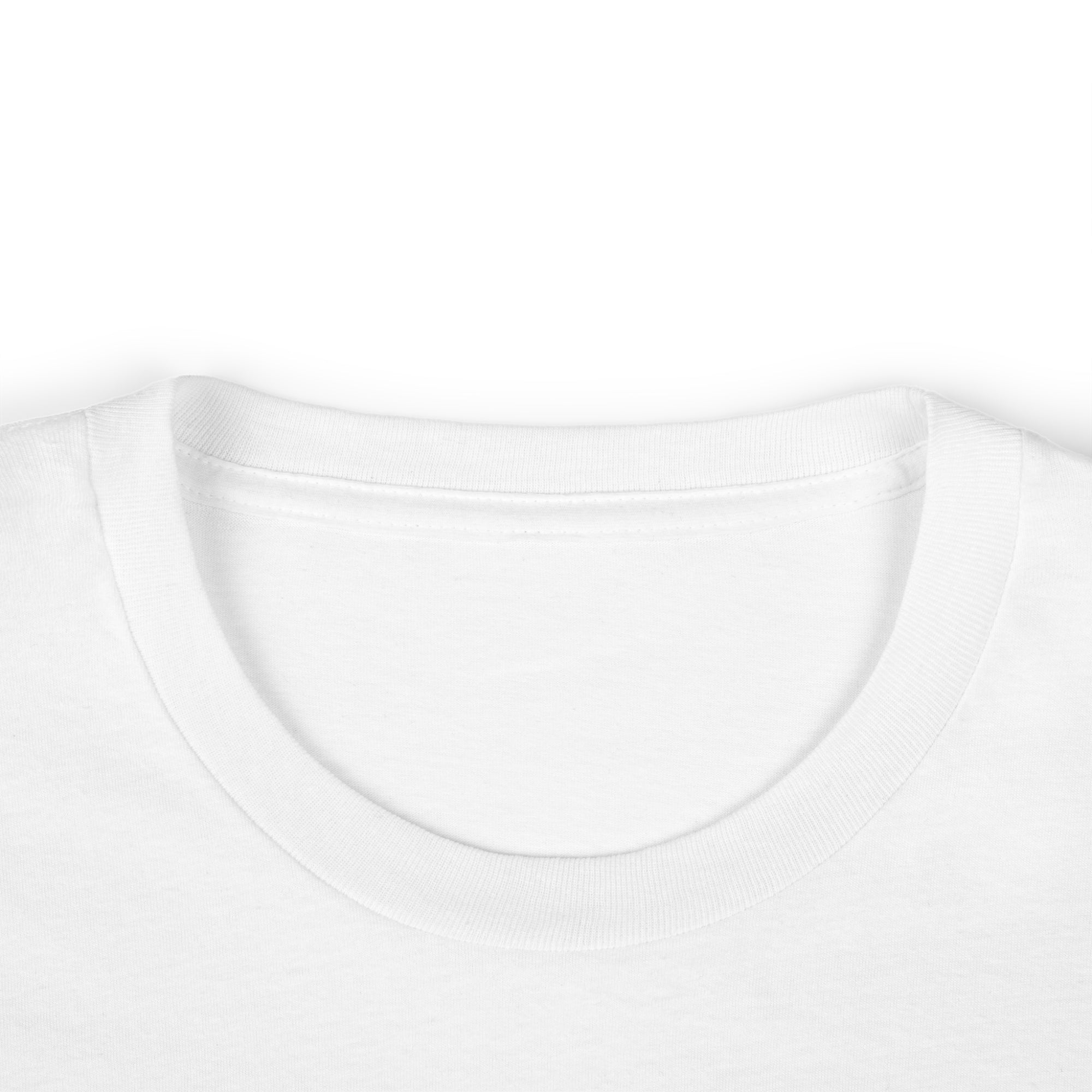 Close-up of a plain white t-shirt with a focus on the neckline