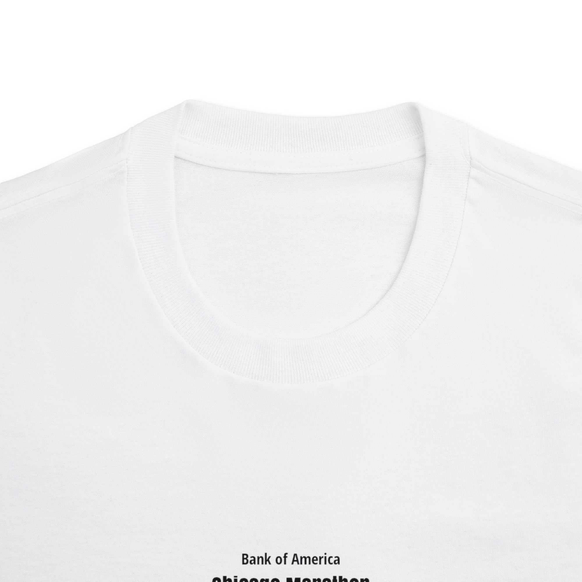 White t-shirt with 'Bank of America Chicago Marathon' text on a white background