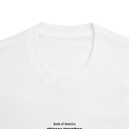 White t-shirt with 'Bank of America Chicago Marathon' text on a white background