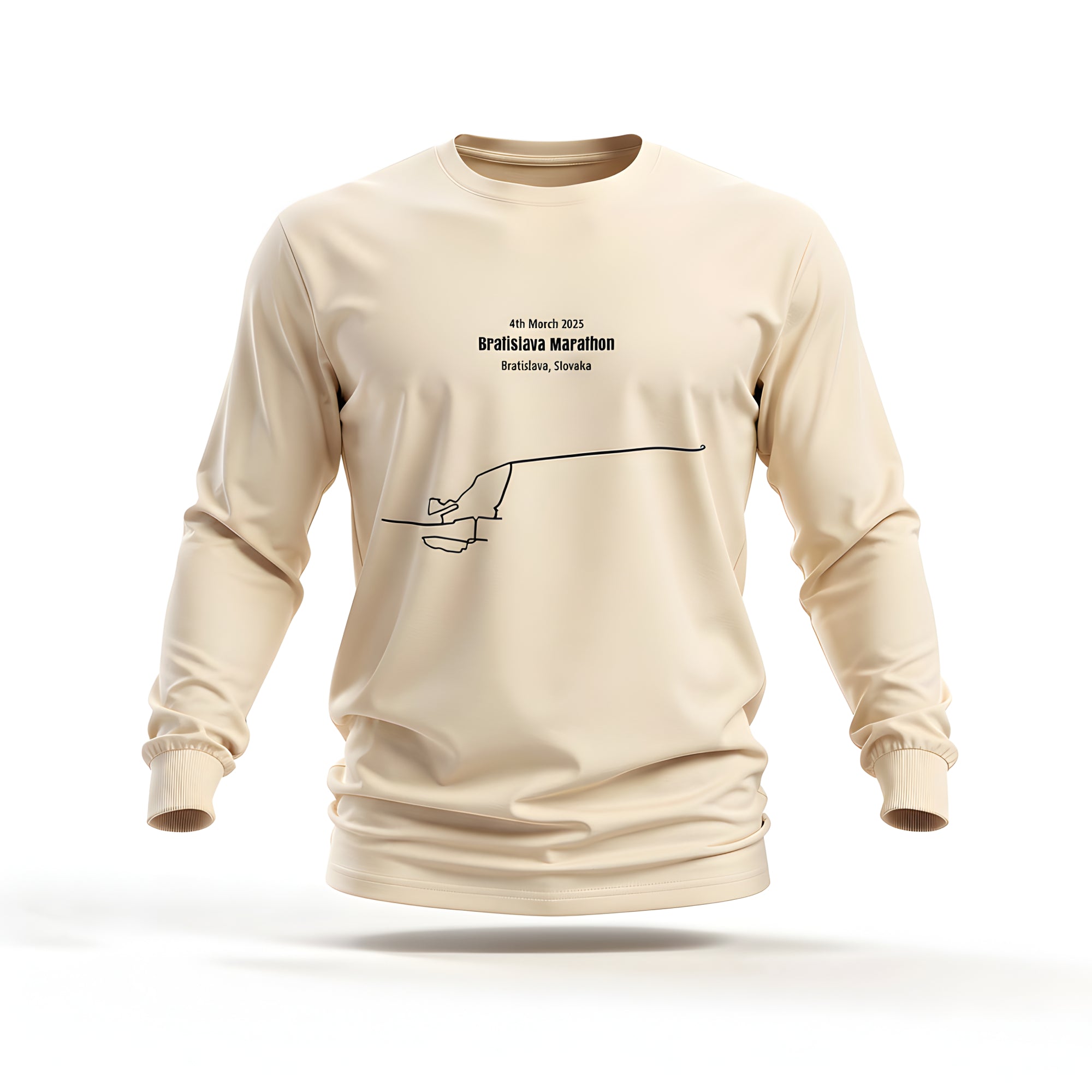 Beige long-sleeve shirt with marathon event custom Strava route print art details on a white background