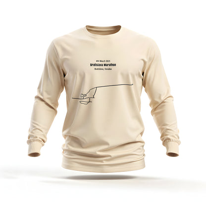 Beige long-sleeve shirt with marathon event custom Strava route print art details on a white background
