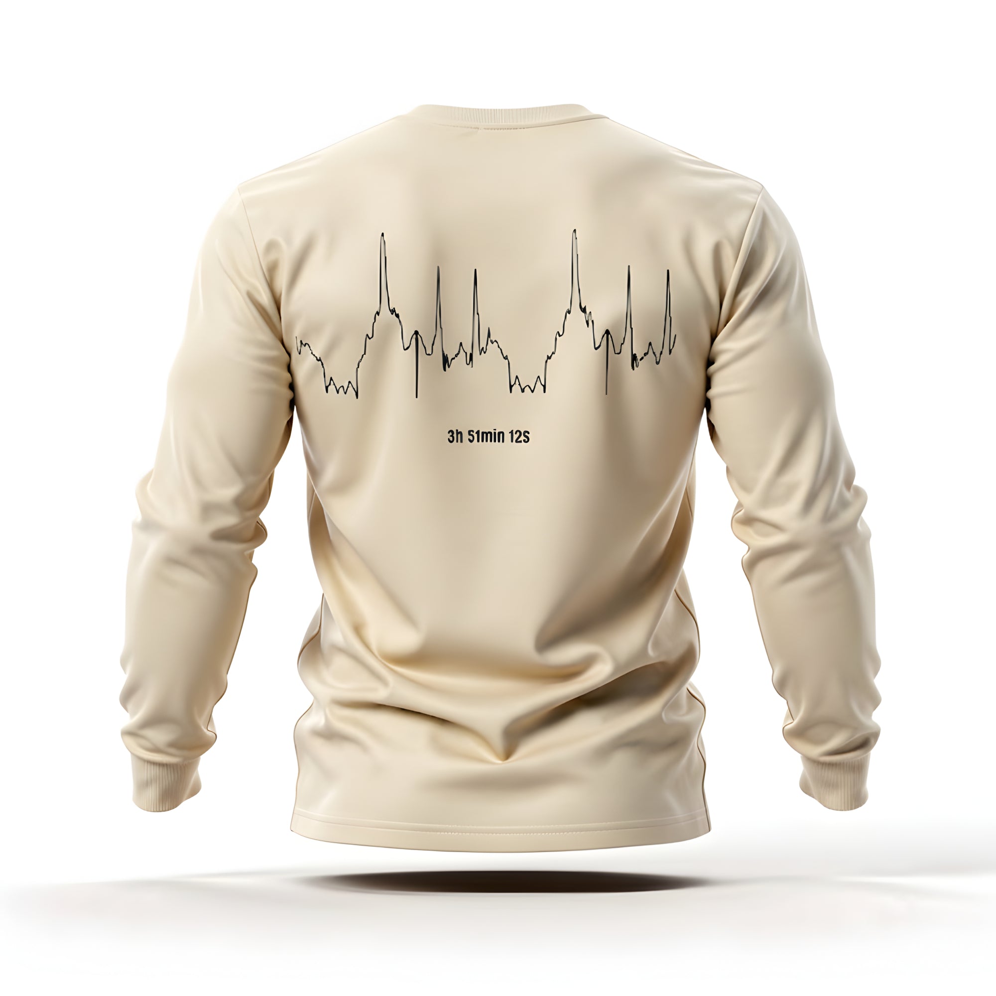 Beige long-sleeve shirt with a custom Strava route print art design on the back against a white background