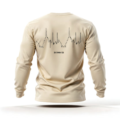Beige long-sleeve shirt with a custom Strava route print art design on the back against a white background