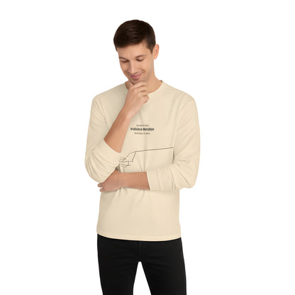 Man wearing a beige long-sleeve shirt with custom Strava route print art on a white background