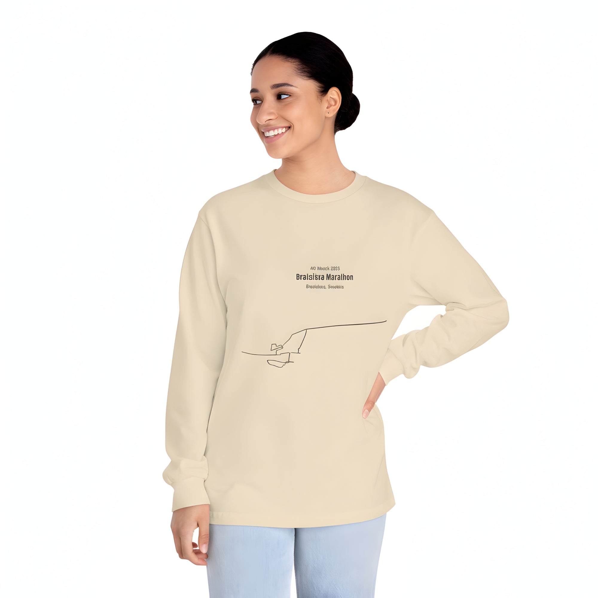 Woman wearing a beige long-sleeve shirt with custom Strava route print art design on a white background