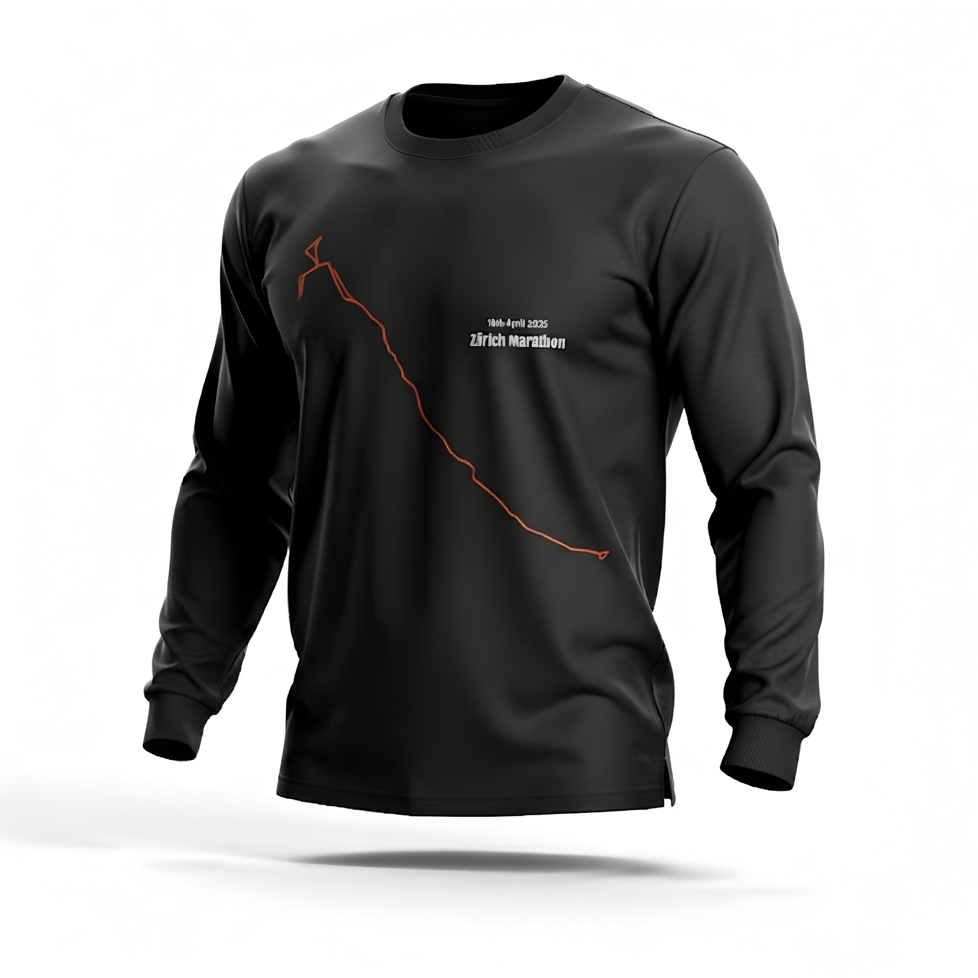 Black long-sleeve shirt with a red custom Strava route print art design on a white background