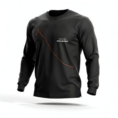 Black long-sleeve shirt with a red custom Strava route print art design on a white background