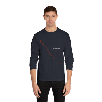 Man wearing a black long-sleeve shirt with a custom Strava route print art design on a white background