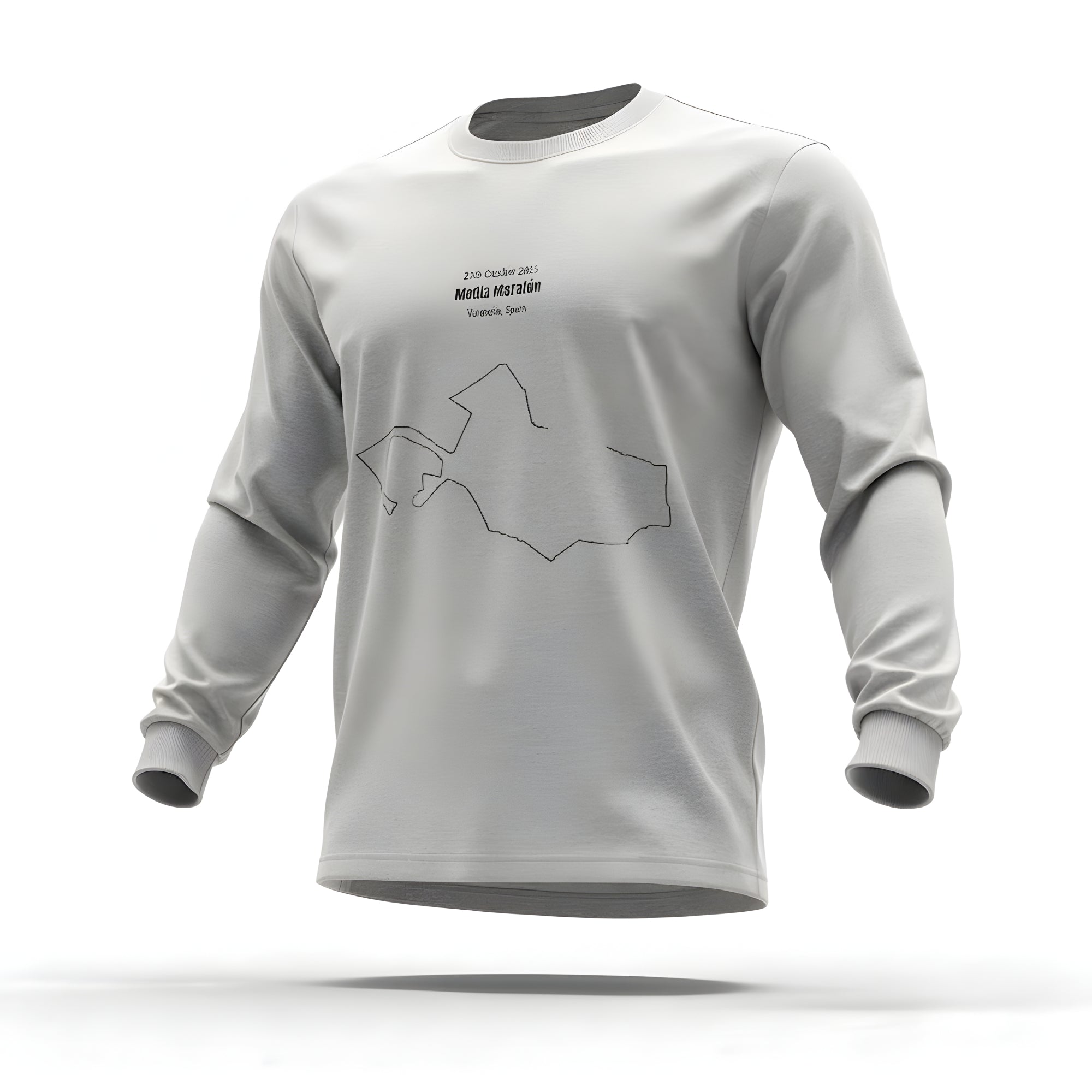 Gray long-sleeve shirt with custom Strava route print art design and text on a white background#color_grey
