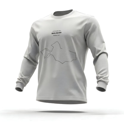 Gray long-sleeve shirt with custom Strava route print art design and text on a white background