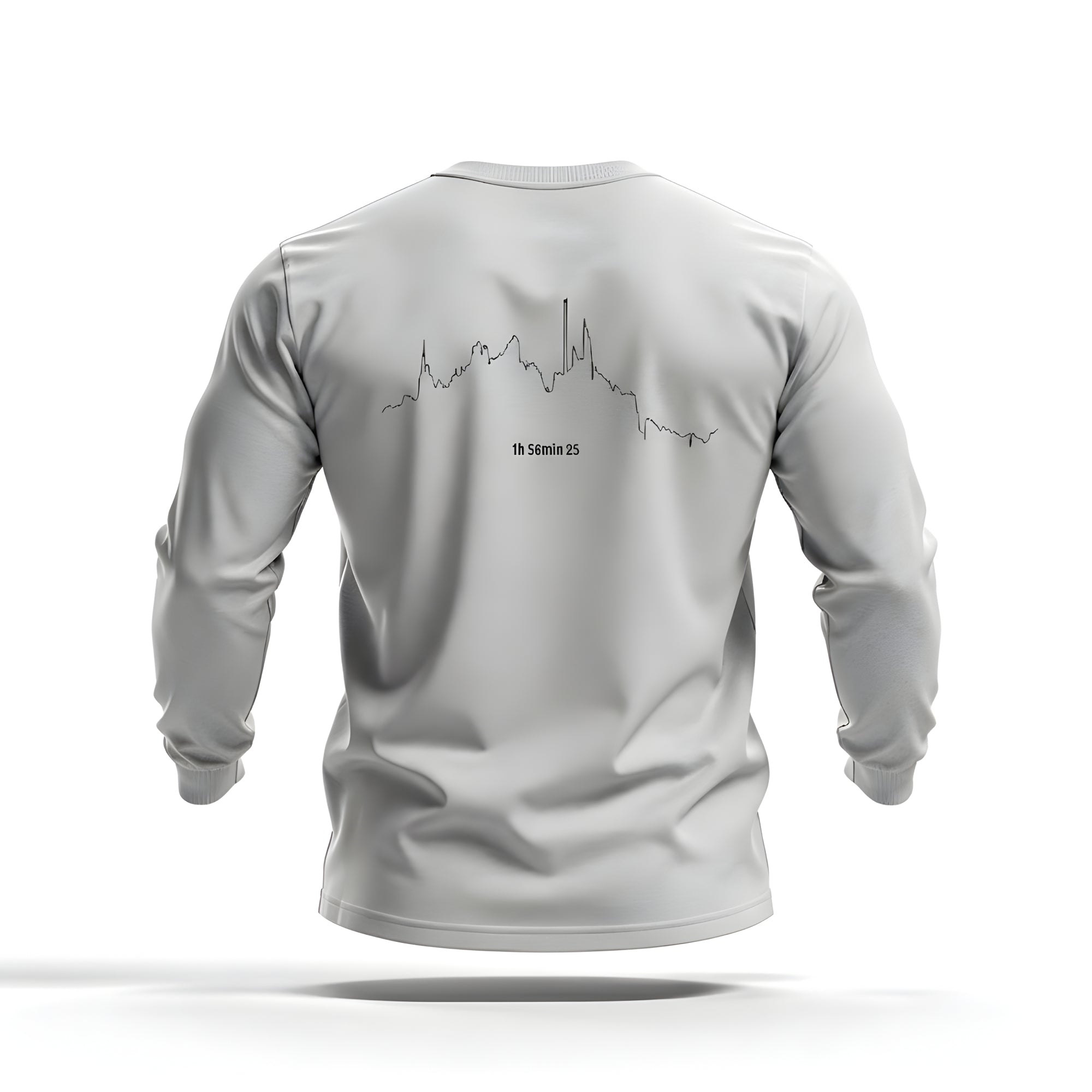 Gray long-sleeve shirt with a black custom Strava route print art design on the back against a white background