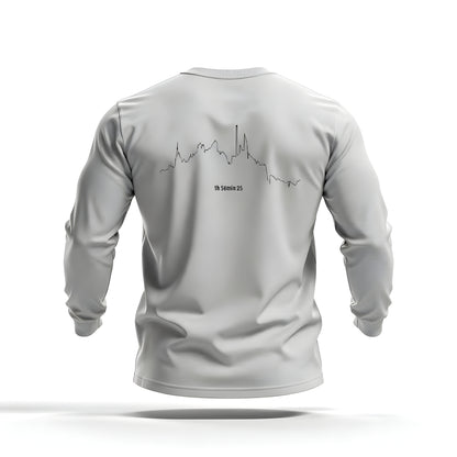Gray long-sleeve shirt with a black custom Strava route print art design on the back against a white background