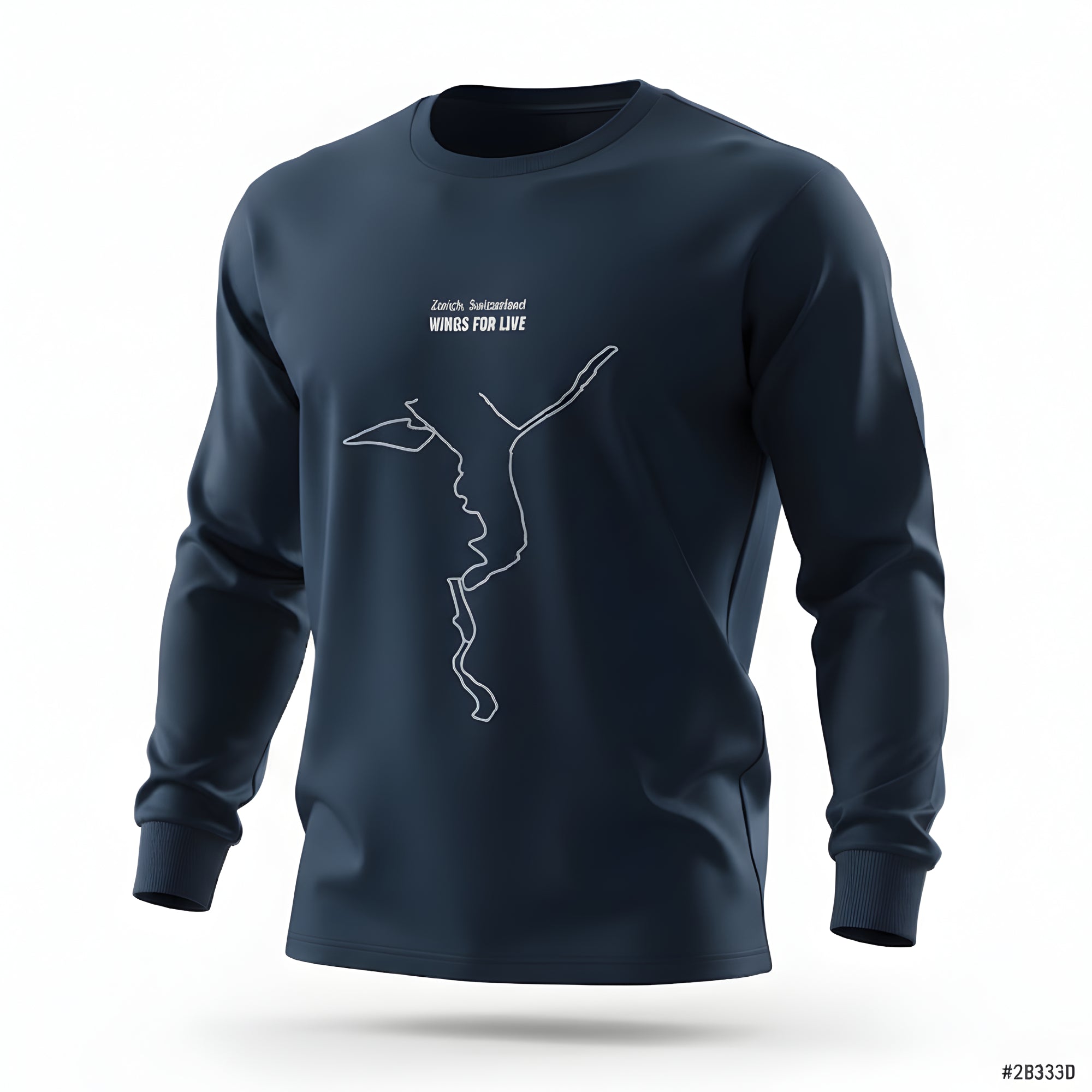 Navy blue sweatshirt with white custom Strava route print art design on a white background