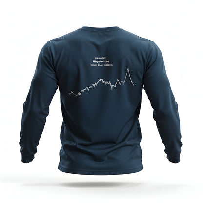 Navy blue long-sleeve shirt with a white custom Strava route print art on the back against a white background