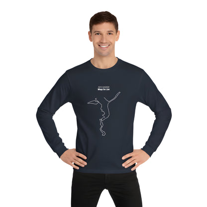 Man wearing a navy long-sleeve shirt with a white custom Strava route print art design on a white background